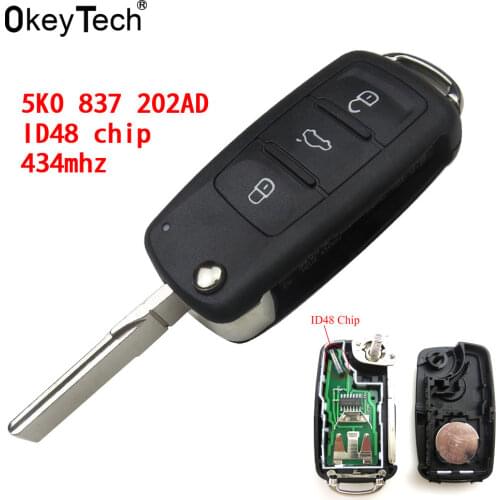 OkeyTech Remote key 434MHz ID48 Chip for VW Volkswagen GOLF PASSAT Tiguan Polo Jetta Beetle Car Keyless 5K0 837 202AD 5K0837202A