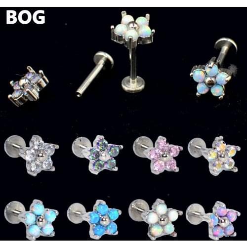 8PCS Wholesale G23 Titanium&Steel Opal Gem Labret Lip Ring Cubic Zircon Flower Ear Cartilage Tragus Helix Piercing Jewelry 16g