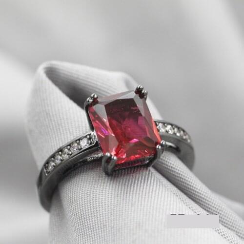 Fashion CZ Flower Shiny Red Ring Red Garnet Women Charming Engagement Jewelry Black Gold Filled Promise Rings HJ06