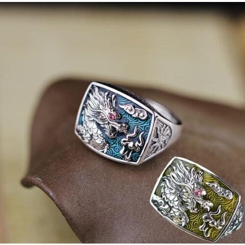 Genuine 925 Sterling Silver Dragon Rings For Men And Women Cz Stone Setting Vintage Hollow Design Enameling Process Fine Jewelry