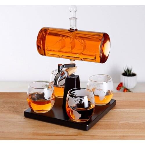 Glass Decanter Wine Container Set Home Bar Accessories Whiskey Decanter With Faucet Cup Wooden Stand Set Pourer Gift Glassware