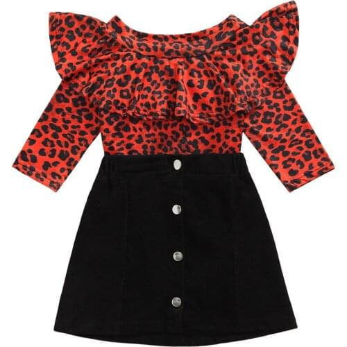New Baby Girls Clothes Set, Leopard Print Long Sleeve Off-shoulder Tops+Solid Color Short A-line Skirt