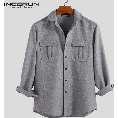 INCERUN Men Retro Solid Color Shirts Long Sleeve Lapel Neck High Quality Fashion Casual Pockets Man Buttons Camisa Masculina 5XL