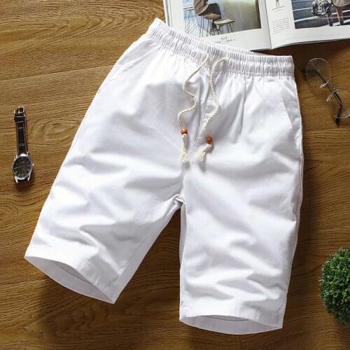 Summer cotton shorts for men large size , Solid color shorts male / White Straight loose mens breathable elastic waist shorts