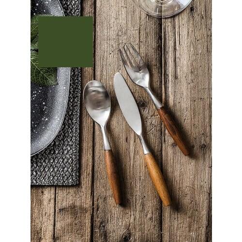 Solid Teak Wood Handle Flatware Cutlery Dining Set Antique Design Dinnerware Set Stainless Steel Fork Knife