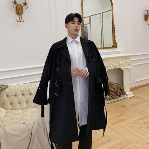 British Qualities Mens Medium Length Trench Coats Personality Belt Long Sleeve Single Breasted Lapel Male Fashion Loose Coats