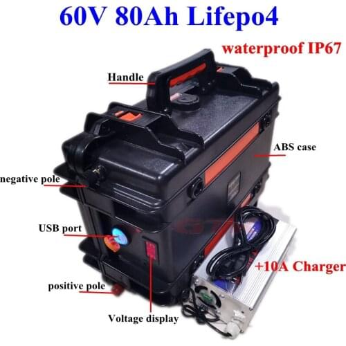 Waterproof LiFepo4 60V 60Ah 80Ah 100Ah lithium battery pack with BMS for electric boat motorcycles outdoor power RV+10A charger