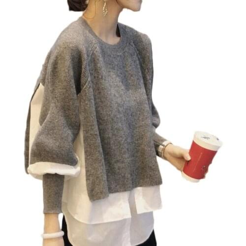 WSYORE Spring and Autumn Casual Wild Stitching Long Sleeve Shirt Women Fake Two-piece Knitted Sweatshirt Loose Tops NS2853