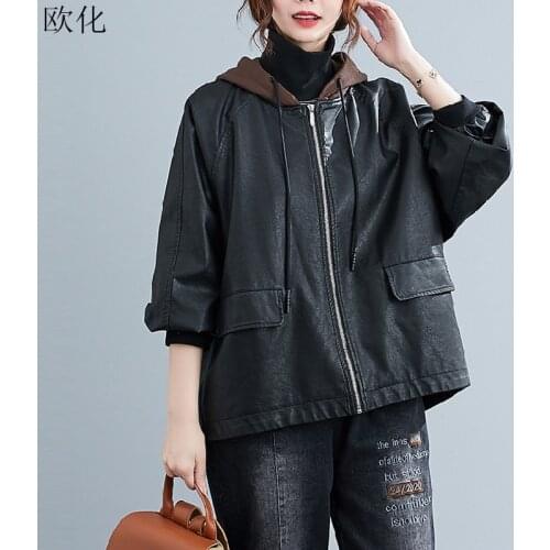 High Quality 2020 Autumn Winter Black PU Leather Jacket Ladies Hooded Zipper Fashion New WomenS Wild Jacket Plus Size Coat 5XL