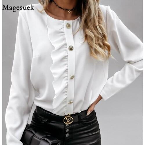 Chiffon Women Blouse and Tops Button Up Shirt Office Lady White Shirts Spring Autumn Long Sleeve O Neck Plus Size Clothes 12687