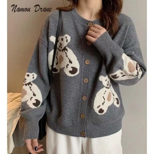Namou Drane Cartoon Bear Cardigan Sweater Women Spring 2021 New Wild Korean Version of The Printed Lazy Knit Jacket Jacket