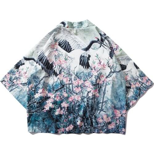 Kimono Traditional Men Women Loose Coat Seven-quarter Sleeve Caidigan Printing Crane Sunscreen Japan Clothes Yukata Kimono New