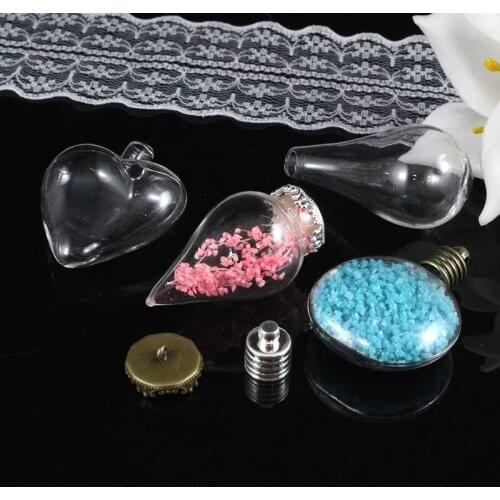 1pcs/lot Heart/water drop/flat bottle mix shape empty glass globe bubble glass wishing bottle necklace glass cover dome decor