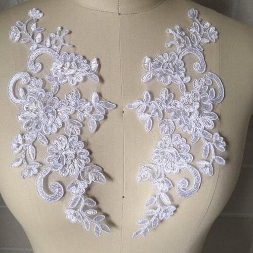 White Car Bone Embroidered Lace Patches Mirror Flower DIY Wedding Dress Veil Sewing-On Accessories 11x27cm V2788
