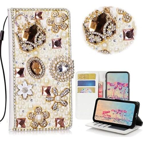For Iphone 12 Mini 11 Pro XS Max XR X 8 7 6S Plus SE Bling Pearl Diamond Flower Handbag Card Slot Flip Wallet Leather Case Cover