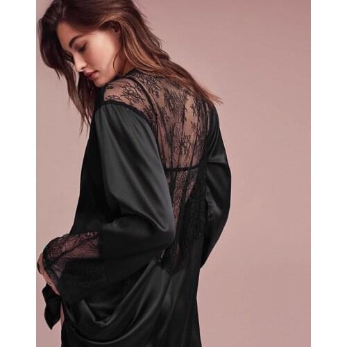 Black Patchwork Lace Pajamas Satin Home Robe Women Long Sleeve Bride Robe Female Autumn Sexy Nightwear Winter Dropshipping