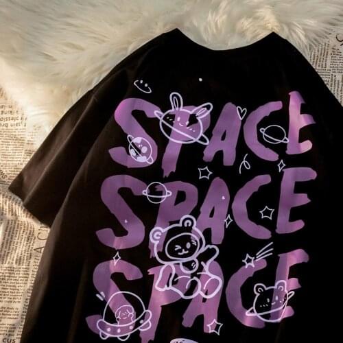 Cotton Bear Graffiti Short-sleeved Space Print T-shirt Loose 2021 New Half-sleeved Retro Harajuku Style Couple Shirts for Women