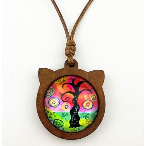 Jiangzimei 24pcs New Design Cats head Necklace Wood base with Life Tree 25mm Glass Cabochon Pendant with wax line party gift