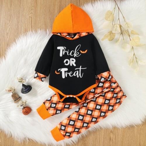 New Baby Halloween Two-piece Clothes Set Letter Printed Pattern Black Long Sleeve Hooded Romper and Pants Outfit