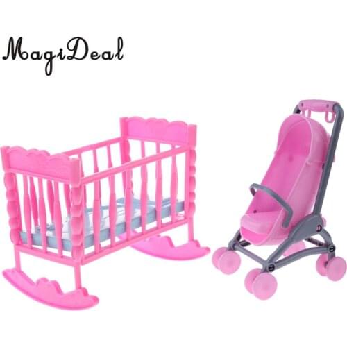 1/6 Pink Dollhouse Miniature Baby Cradle Bed+Stroller Model Furniture Decor for Dolls Accessories Kids Children Pretend Play Toy