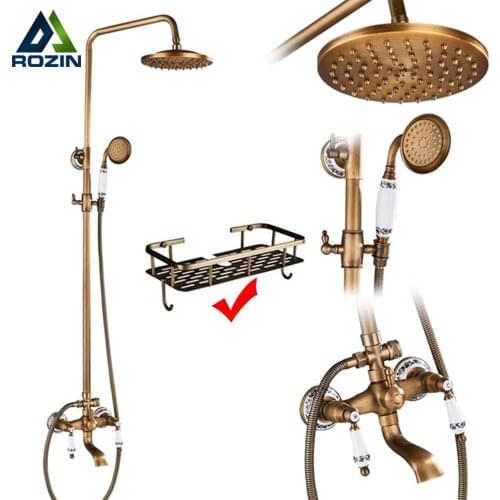 Brass Antique Shower Faucets Set Porcelain Ceramic Shower Column Swivel Rotate Bath Spout Dual Knobs Mixer Tap Bath Shower Kit