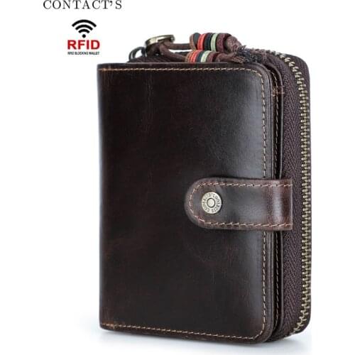 Mens Leather Wallet RFID Anti-theft Brushed Leather Mens Wallet Multifunctional Zipper Buckle Wallet