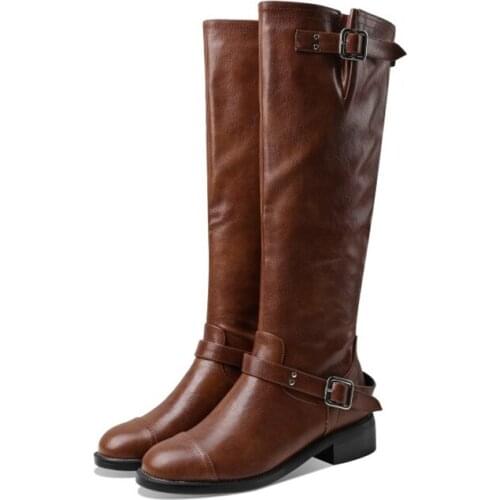 Ochanmeb Good Quality Belt Metal Buckle Knee High Boots for Women Winter Riding Long Boots Plus Size 43 Woman Block Heels Shoes