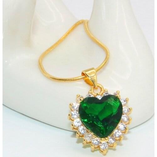 Heart Cut Pendant Necklace Yellow Gold Filled Classic Style Womens Necklace With Stone Green