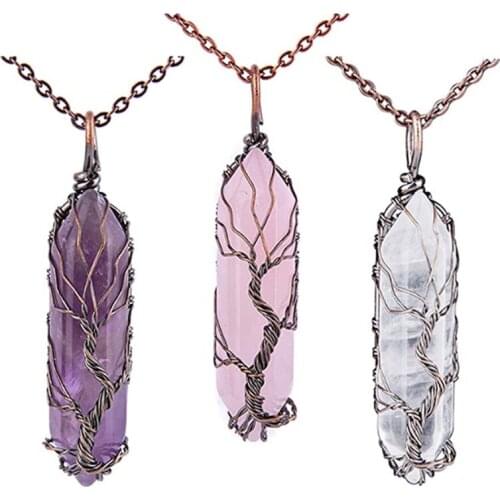 Copper Wire Wrap Irregular Shape Rose Pink Quartz Pendant Link Chain Necklace Tiger Eye Stone Jewelry
