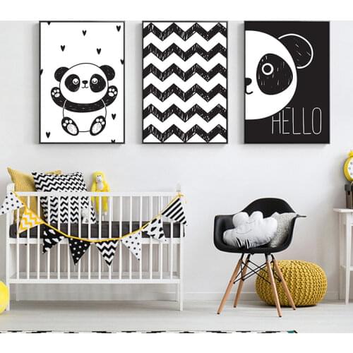 Cute Panda Black White Animals Canvas Painting Line Hello Abstract Child Poster and Print Nordic Picture Kid Baby Room Decor