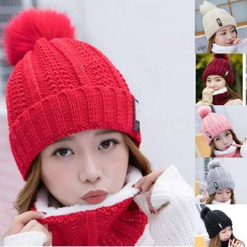 Fashion Accessories Women Ladies Warm Winter Hairball Plus Velvet Knitted Beanie CapScarf Outdoor comfortable Hat шапка женска