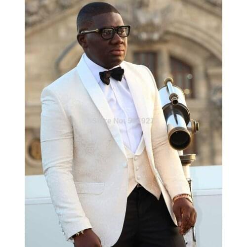 Custom Made Groomsmen Ivory Groom Tuxedos Shawl Lapel Men Suits Wedding Best Man Blazer ( Jacket+Pants+Bow Tie+Vest ) C195