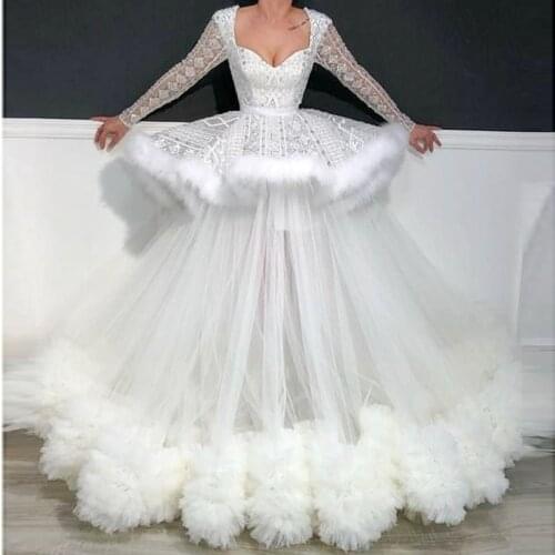 Dubai Robe Feathers Prom Dresses With Peplum Tiered TUTU Tulle Bottom вечернее платье Lace Appluqus See Through Evening Gowns