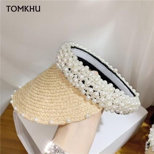 2020 New Women Pearl Headband Hat Raffia Visor Caps For Girls Beach Hat Braided Fashion Cap Lady Summer Straw Sun Hats Wholesale