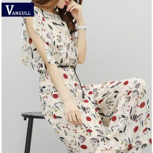 Vangull Floral Printing Women Jumpsuit Summer New High Waist Short Sleeve V-neck Wide-leg Pants Office Ladies Jumpsuit With Belt