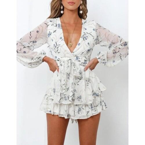 Deep V-Neck Women Lady Playsuits Floral Printed Spring Playsuit Slash Jumpers 2021 Summer Beach Sun-rompers Loose Sexy G2545