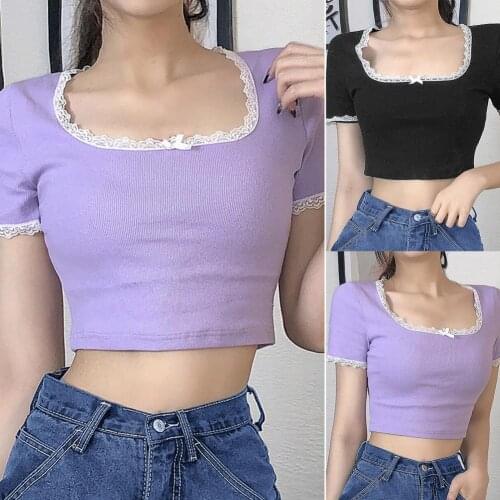 Comfy Chic Square Collar Navel Exposed Women T-shirt Summer Tee Top Navel Exposed for Dating