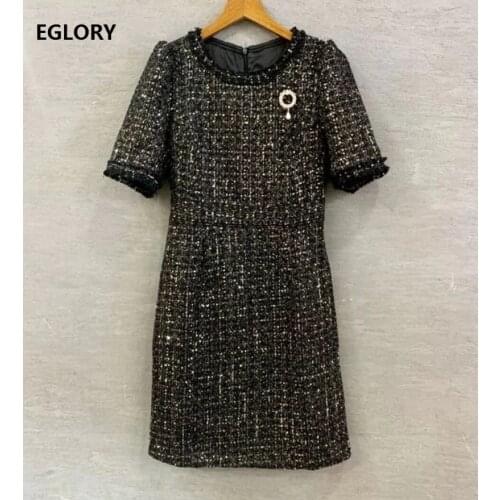 High Quality Wool Dress 2020 Winter Party Vintage Women O-Neck Beading Brooches Deco Short Sleeve Black Tassel Woolen Dress Slim