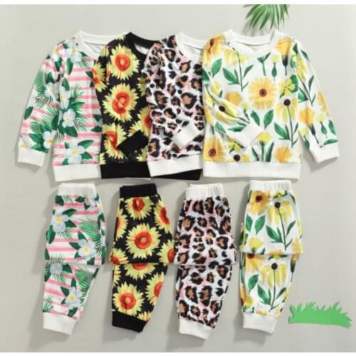 2 Pcs Infant Casual Outfits Spring Autumn, Girls Sunflower/Leopard/Stripe Print Long Sleeve Round Neck Pullover + Trousers