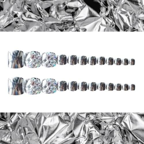 24pcs Silver Punk Fake Nails Press on Foot Nails Artificial Toe Nails Fully Covered With Diamonds 2020 New Design Manicure