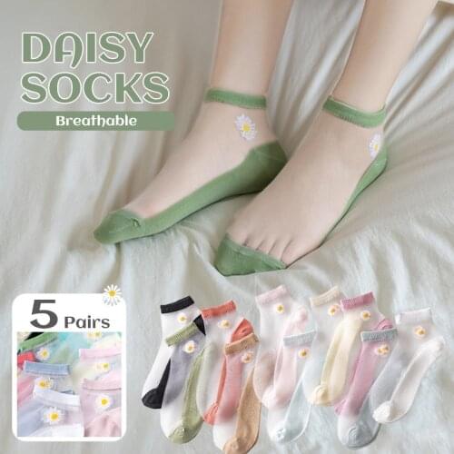 5 Pairs/Lot Summer Woman Socks Ankle Ultra-thin Silk Transparent Cass Fiberglass Fashion Daisy Flower Harajuku Cute Style