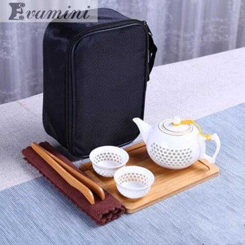 7pcs/set Ceramic Travel Carrying Tea Set Clay Teapot China Ceramic Tea Cup Tea Tray Wooden Tray Clay Pot Set Portable Tea Set