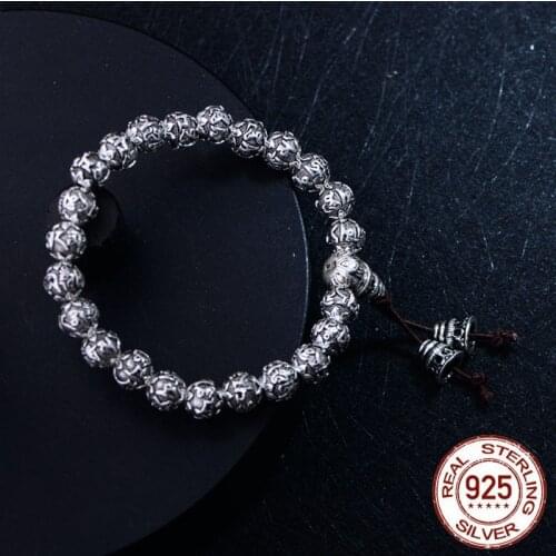 990 Sterling silver color Sanskrit Six Words Engraved Buddha Bracelet OM Mala Beads Bracelets Silver colour Bead Mantra Bracelet