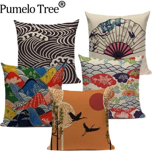 Decor Linen Japanese Ukiyo Style Retro Fuji Mountain Cojines Almofadas 45Cmx45Cm Square Back Printed Throw Pillow Cover