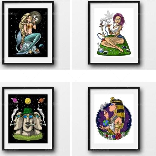 Egyptian Queen Smoking Weed Canvas Poster-Psychedelic Moai Head Smoking Weed Canvas Poster-Hippie Tunner Easter Island Statue Wa