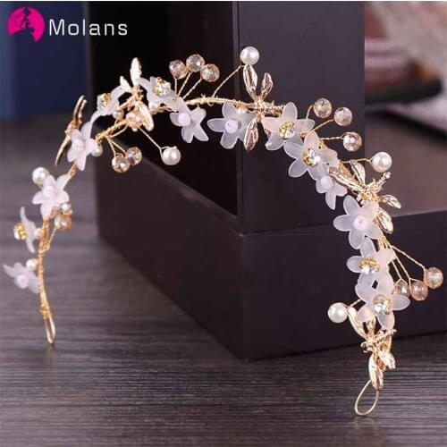 MOLANS European Pearl Transparent Flower Hair Band for Girls/Children Crystal Golden Butterfly Alloy Hair Accessories for Party