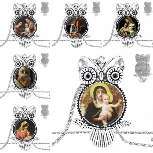EJ Glaze Virgin Mary Baby Jesus Religious Glass Cabochon Jewelry With Long Pendant Choker Owl Necklace For Unisex