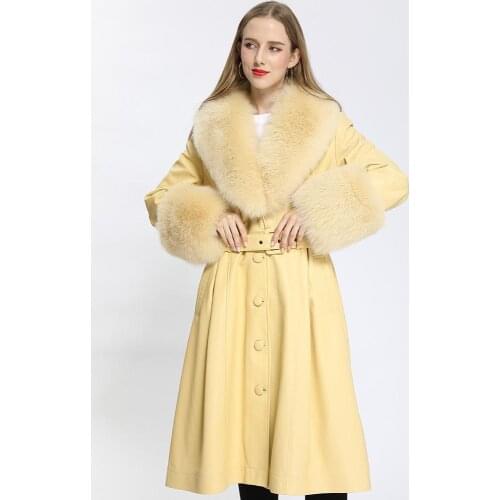 Janefur Women Leather Coat Fox Fur Long Sleeves Black Motorcycle Jackets Autumn Winter Fashion Zipper Female Overcoat