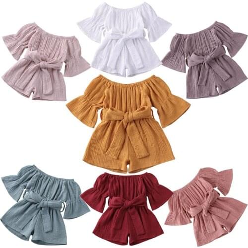 Summer Baby Girls Cotton Rompers Kid Flare Sleeve Tops Solid Jumpsuit Belt Outfit Cotton Linen Baby Girl Clothes