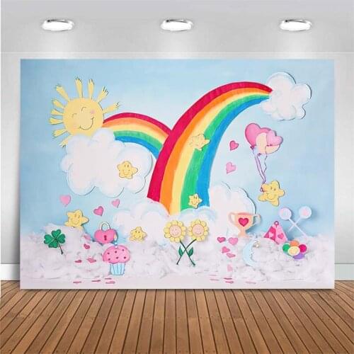 Cartoon Rainbow Sun Cloud Backdrop Baby Kids Birthday Party Photography Backdrop Baby Shower Photo Background For Photo Studio